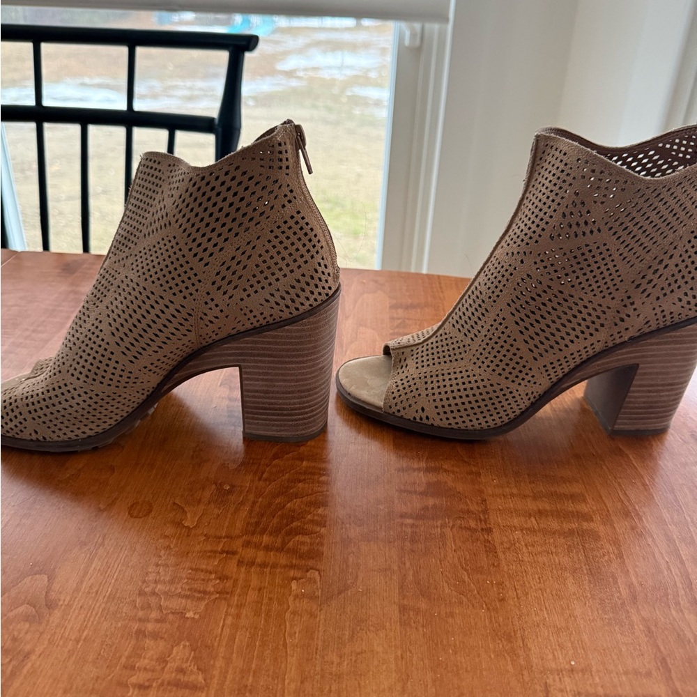 Perforated Peep-Toe Stacked Heel Booties in Taupe